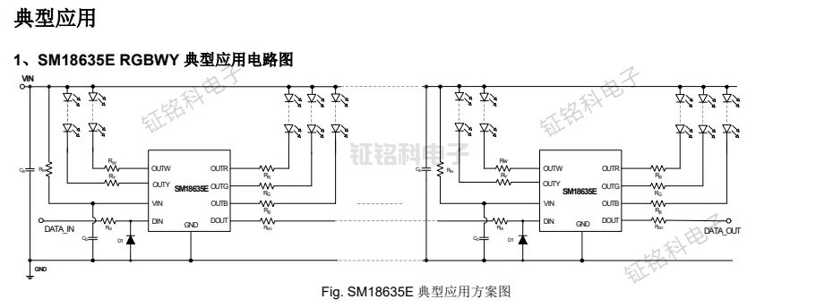 解鎖單線、歸零碼協(xié)議的 5 通道恒流驅(qū)動芯片SM18635E(圖1) SM18635E 典型應(yīng)用方案圖.jpg